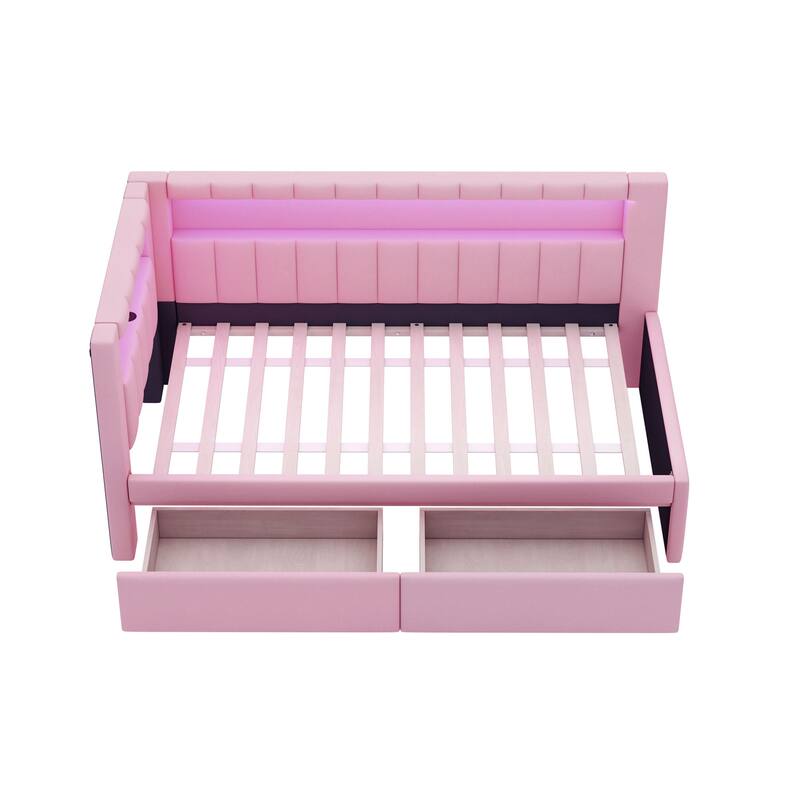 Twin Size Platform Bed with USB Ports, LED Lighting, and 2 Drawers in Pink