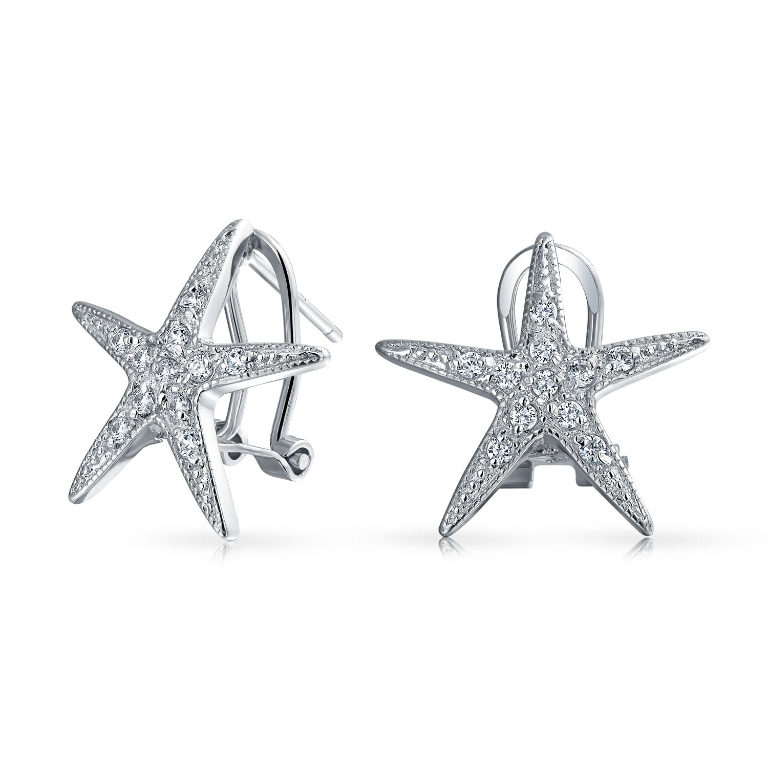 Pave Set Round Clear Cubic Zirconia Starfish Stud Earring Sterling Silver