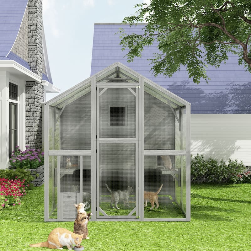 Large Outdoor Wooden Chicken Coop & Cat Enclosure with Run, 2 Colors Pet Cage