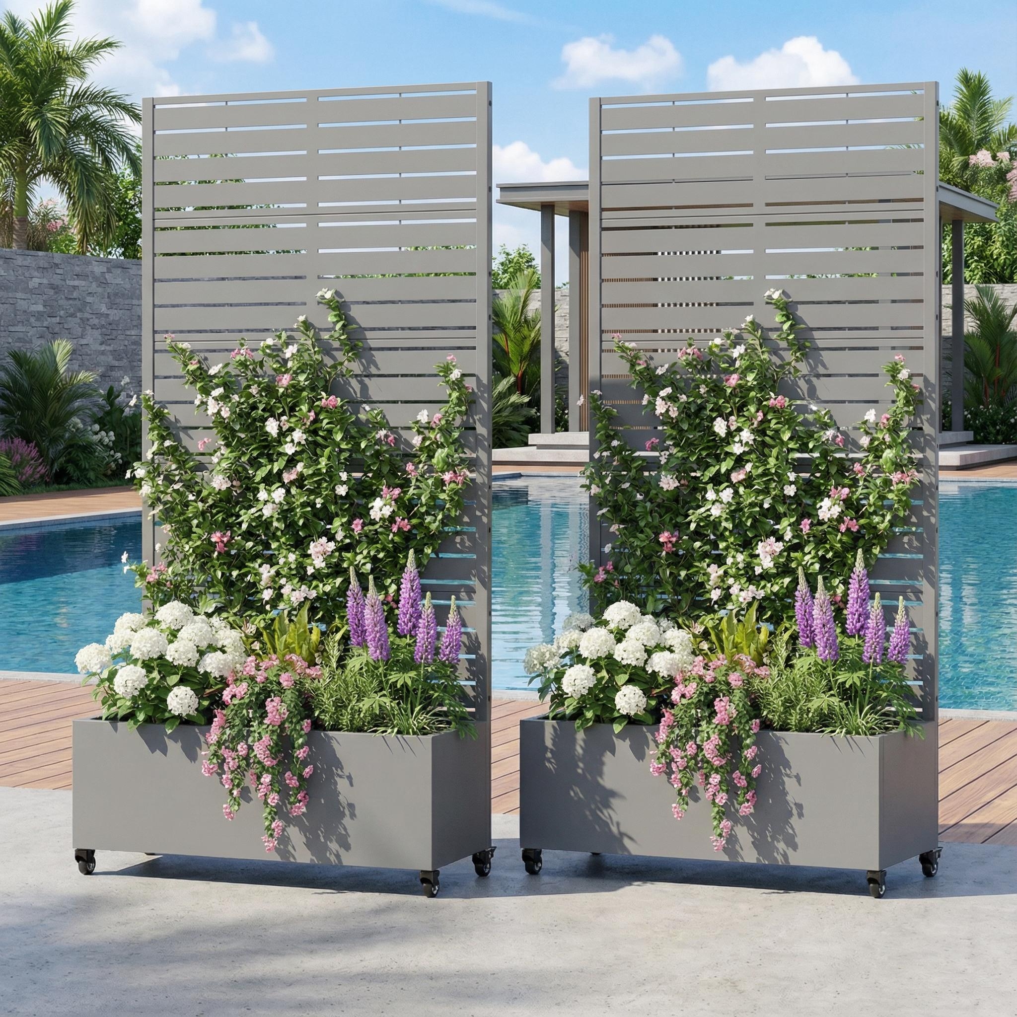 Metal Planter Box with Trellis Privacy Screen Planter Box with Lockable Wheels Set of 2