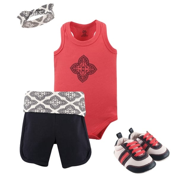 slide 1 of 1, Yoga Sprout Baby Girl Cotton Layette and Shoe 4pc Set, Ornate Clover 0-3 Months - Ornate Clover