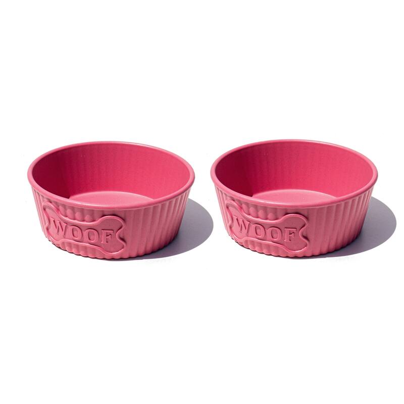 Abode Homewares Woof Wheat Straw Ribbed Pet Bowl - Medium - 3 Cups - Pink - Set of 2 - Pink