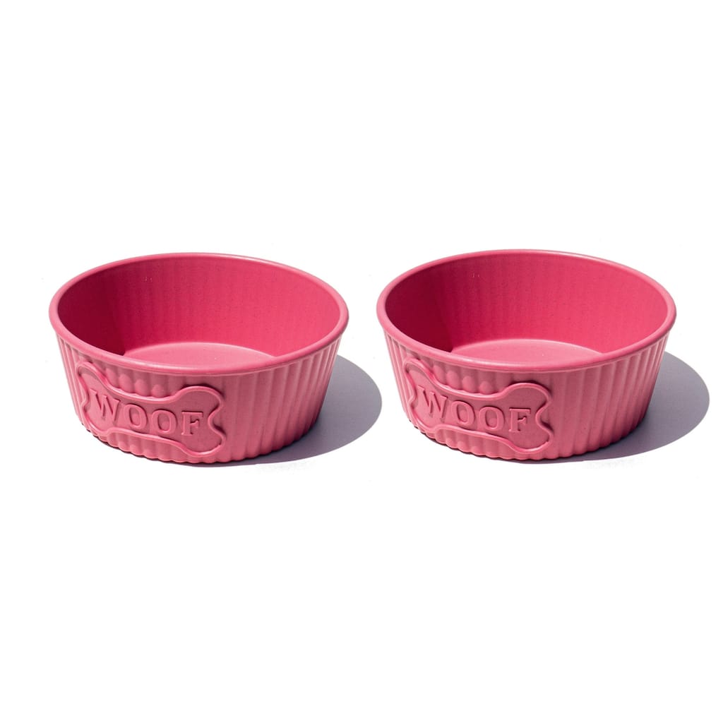 Abode Homewares Woof Wheat Straw Ribbed Pet Bowl - Medium - 3 Cups - Pink - Set of 2