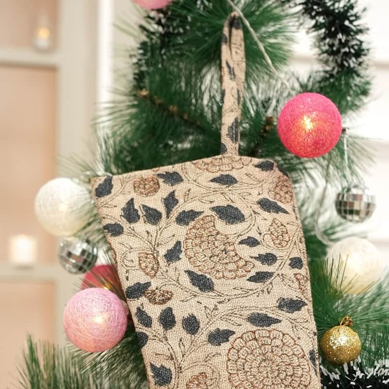 Fabdivine Hand Block Floral Print Christmas Knit Stockings, Home Decorative Gift Use - 16"X6.5"