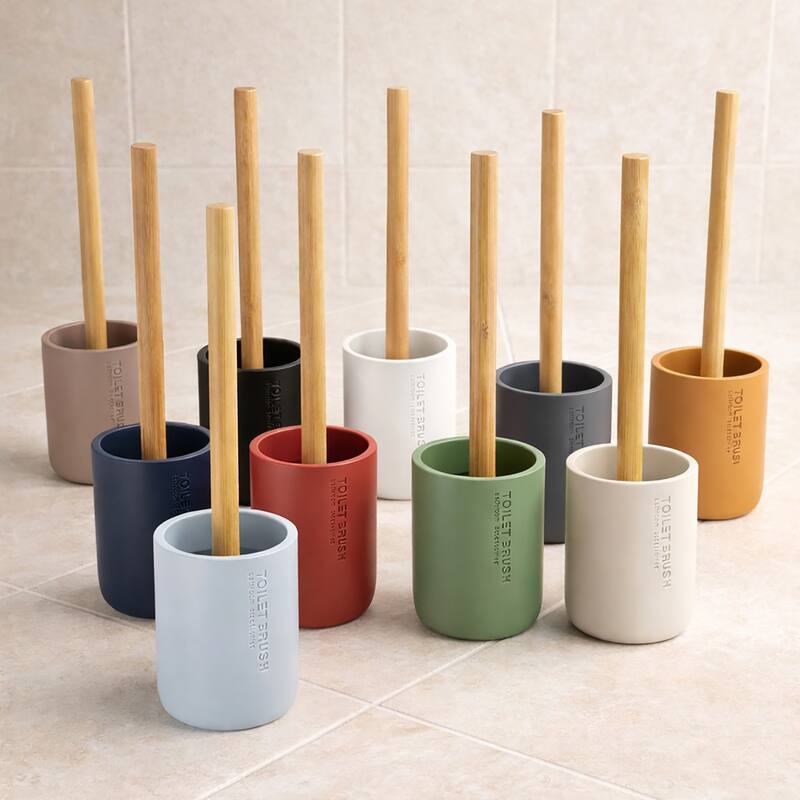 Chic Matte Toilet Brush Holder Set with Natural Bamboo Handle - 4 L x 4 W x 14.8 H