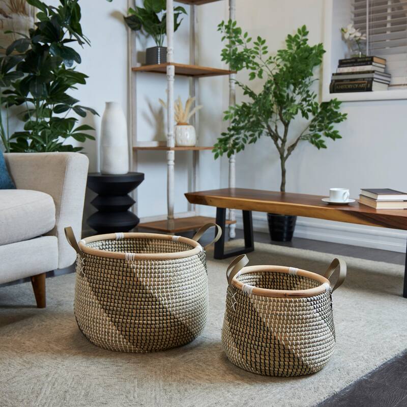Brown Seagrass Handmade Diagonal Striped Storage Basket with Black and White Plastic Weaving and Leather Handles (Set of 2) - Brown