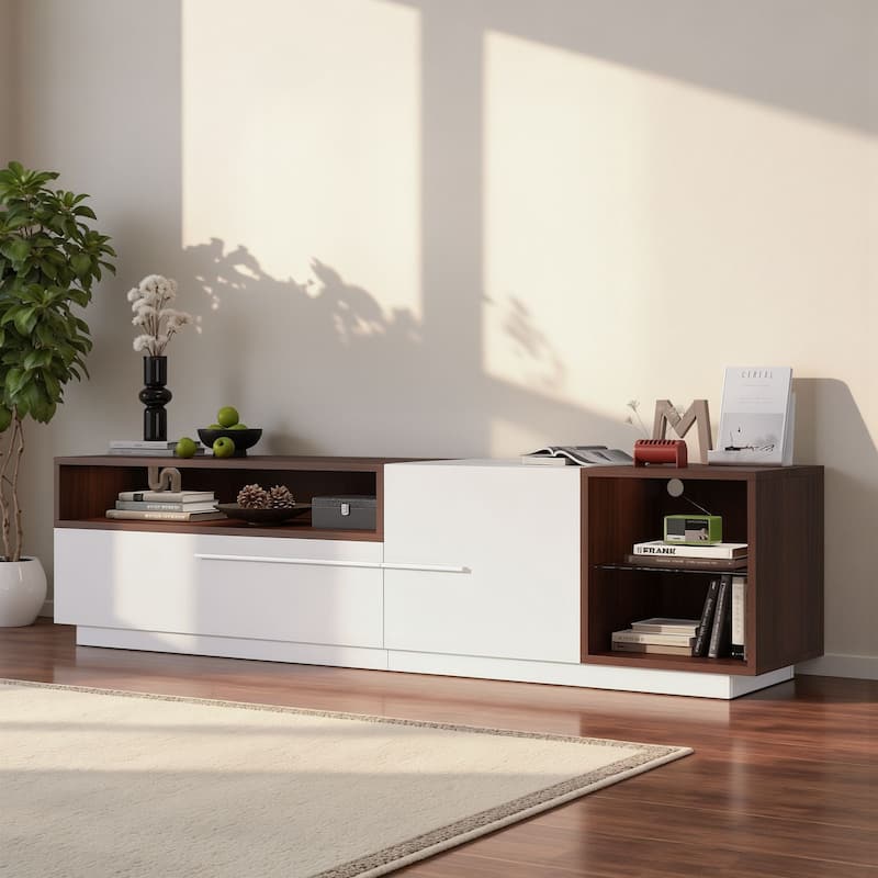 Meyreso 70.8" Modern High Gloss White & Walnut TV Stand with LED Lighting and Open Storage - 70 inches