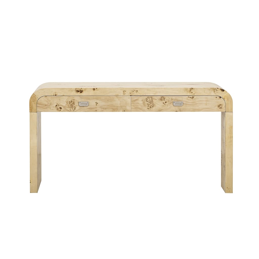 Modern Unique Curved Console Table with 2 Drawers, Living Room 60'' Long Accent Entryway Table Sofa Table with Burl Wood Veneer