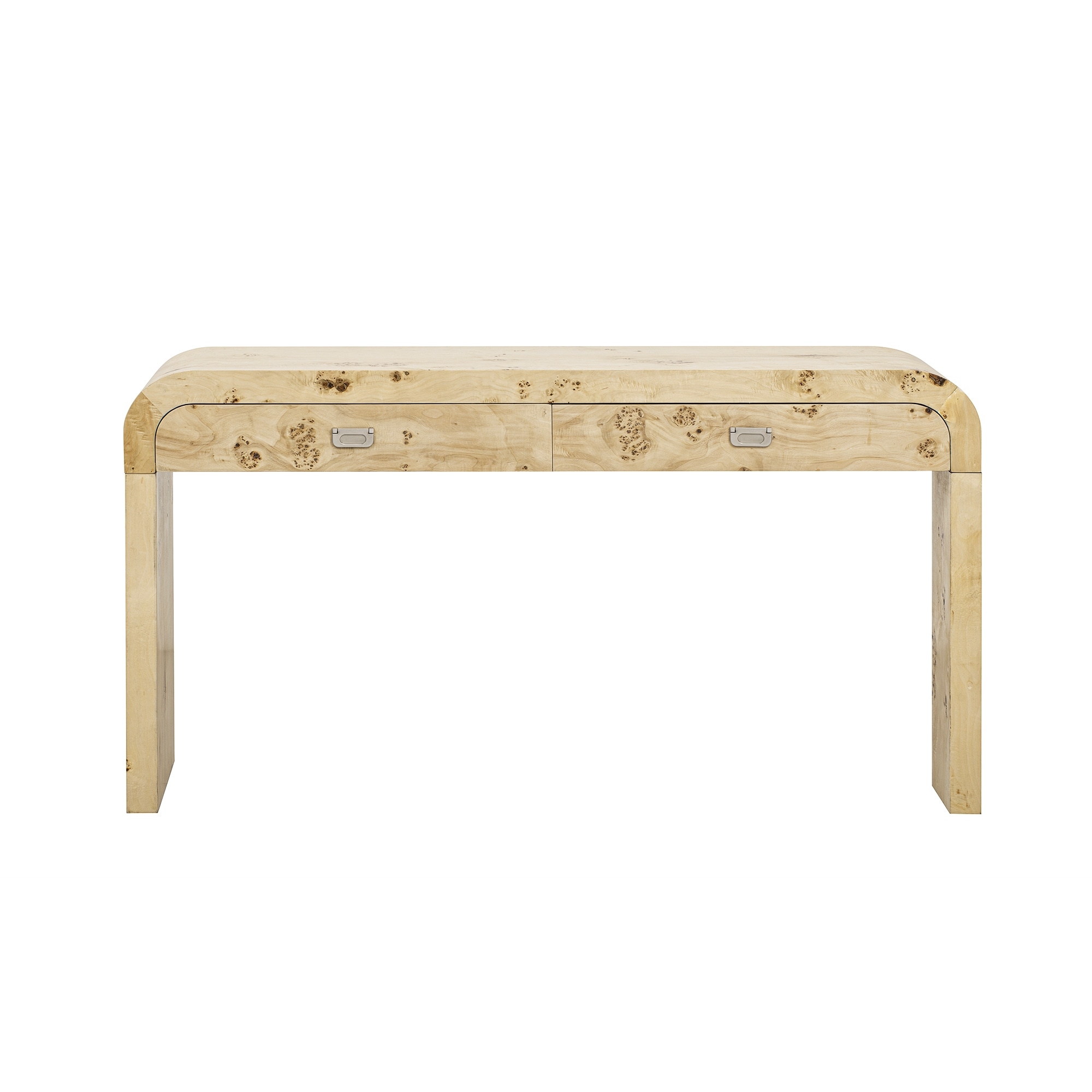 Modern Unique Curved Console Table with 2 Drawers, Living Room 60'' Long Accent Entryway Table Sofa Table with Burl Wood Veneer