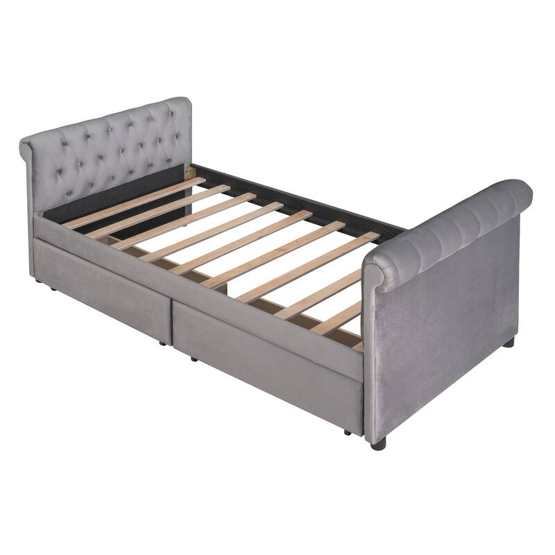 Beige Upholstered Twin Size Daybed Sofa Bed with Trundle, Fabric and Wood Frame Wood Slat Support