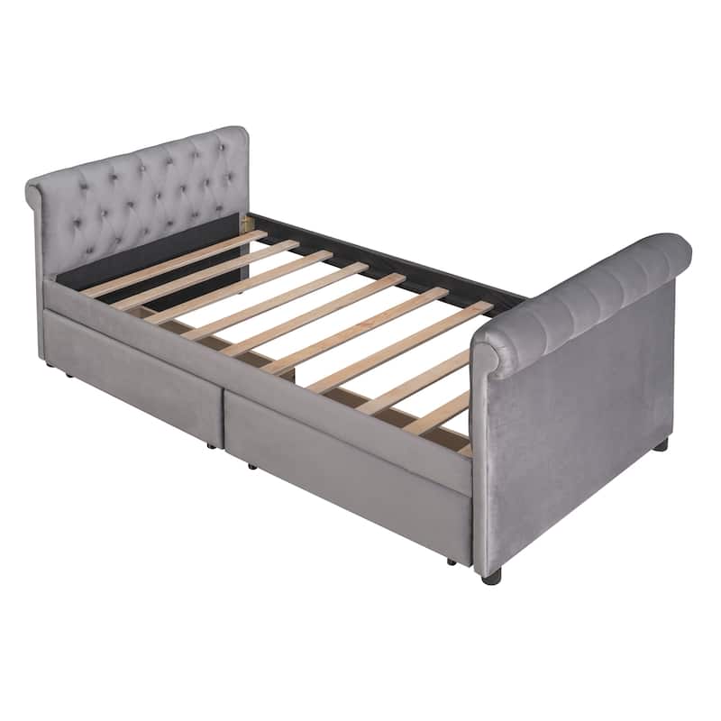 Twin Size Tufted Daybed w/ Drawers Storage Bed & Solid Wood Slats Support Upholstered Bed No Box Spring Needed Easy Assembly