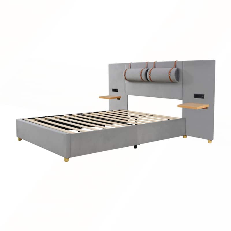 Queen Upholstered Platform Bed with Two Outlets and USB Charging Ports on Both Sides