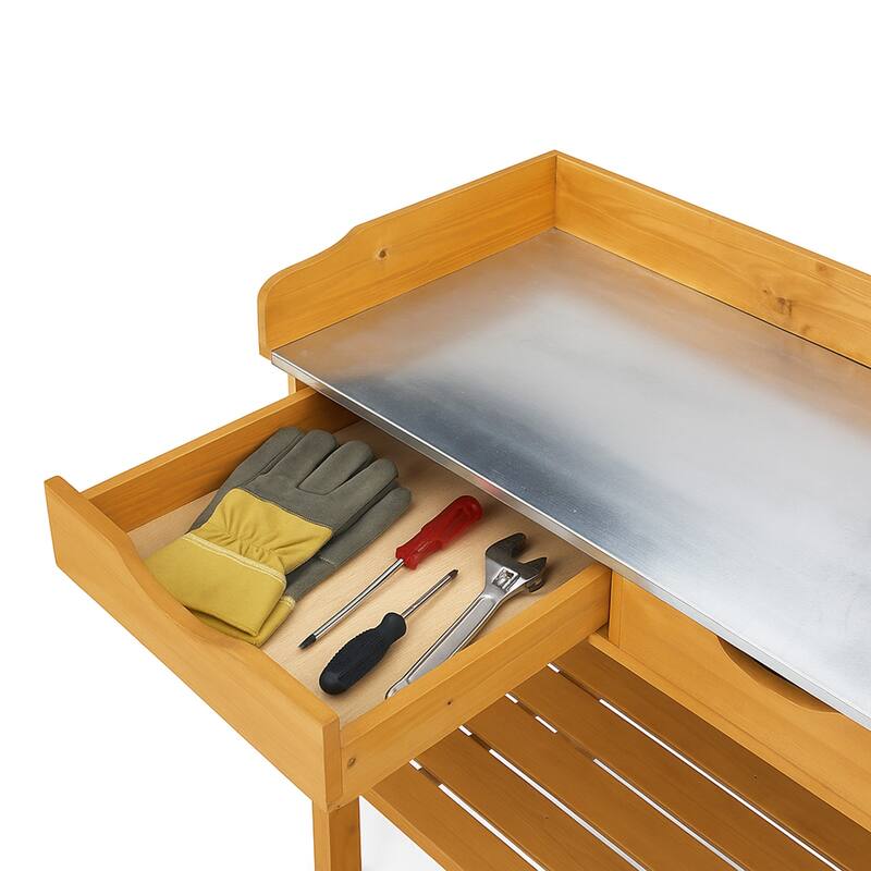 Natural Wood Potting Bench with Metal Top and 2 Drawers Lower Shelf and Hooks for Gardening - 29.8” x 14.6” x 36.4”