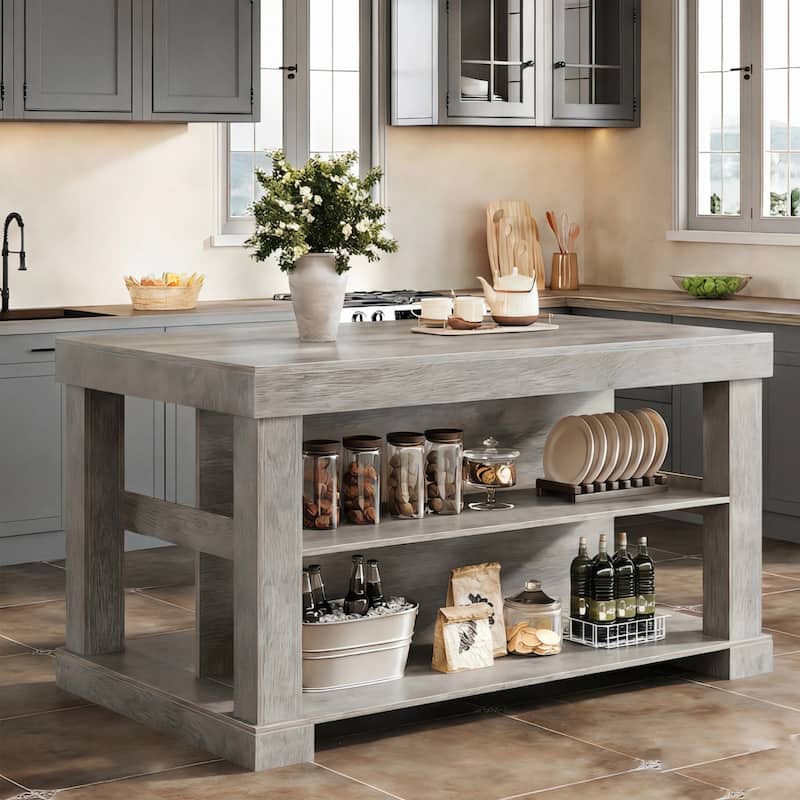 55-Inch Stationary Kitchen Island with Seating and Storage Shelves & Large Worktop, Farmhouse Style - 31.5"D x 55.12"W x 35.43"H - Grey