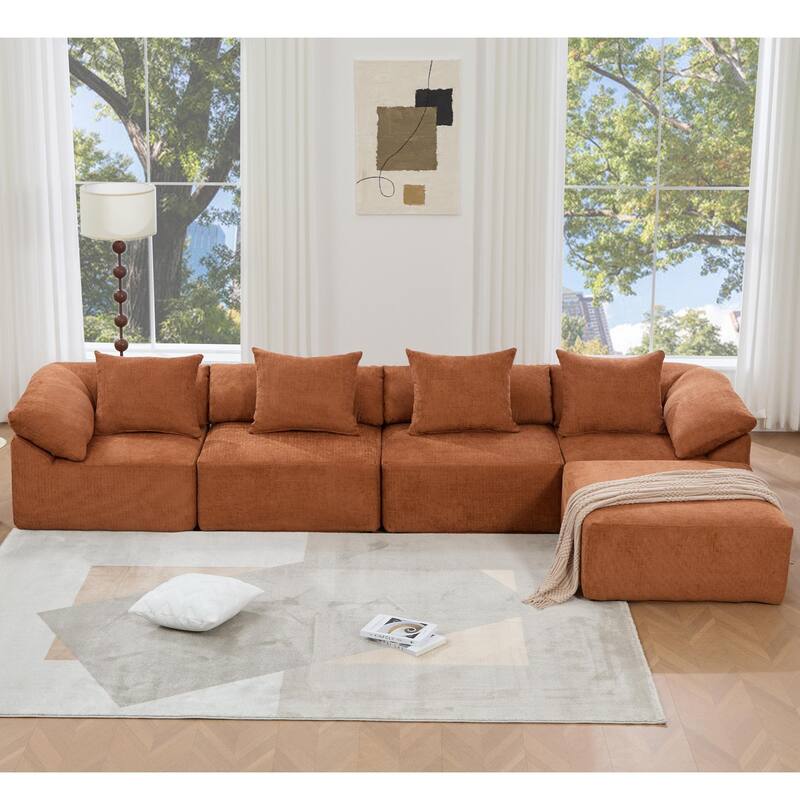 GDFStudio - Chenille L-Shaped Modular 5-Seater Sectional Sofa with Ottoman