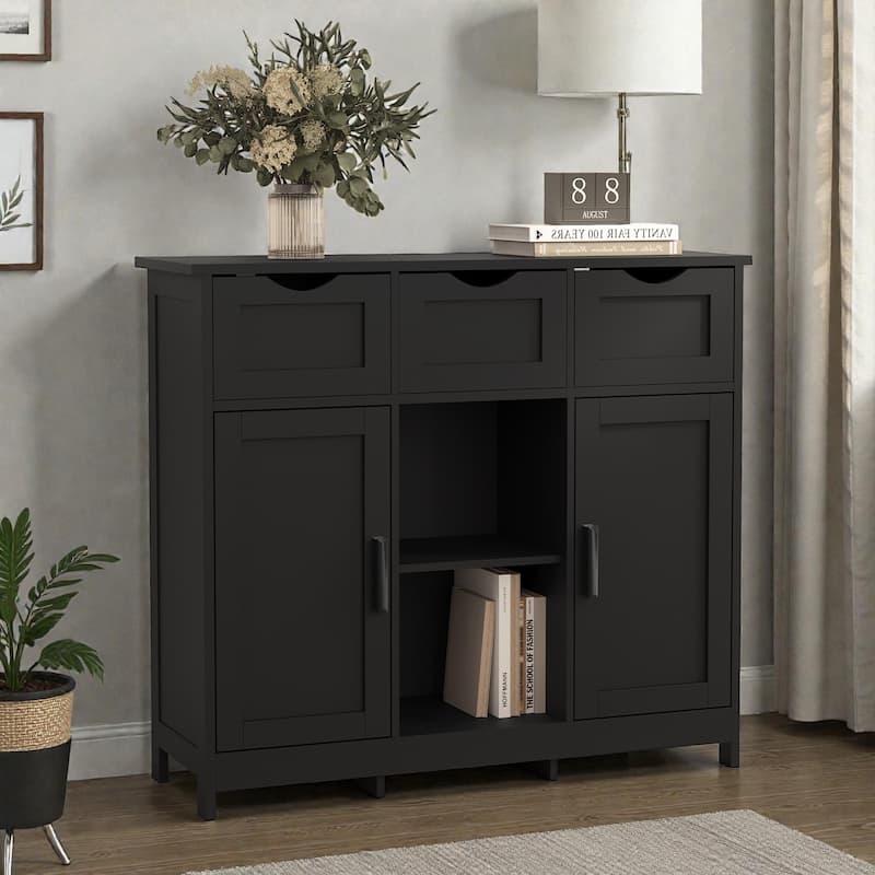 Wooden Storage Cabinet with Drawers and Adjustable Shelves, Floor Accent Cabinet for Living Room Bedroom