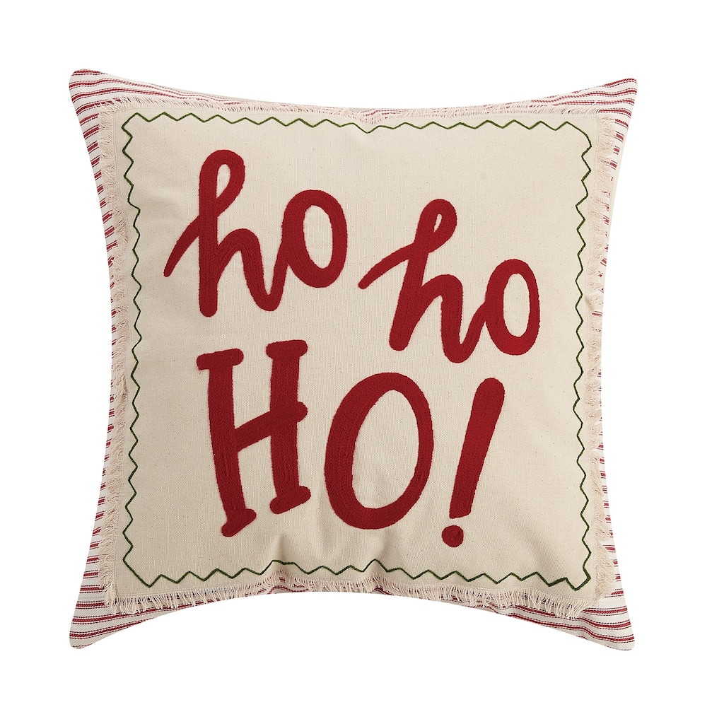 Ho Ho Ho Crewel Embroidered Rustic Holiday Pillow
