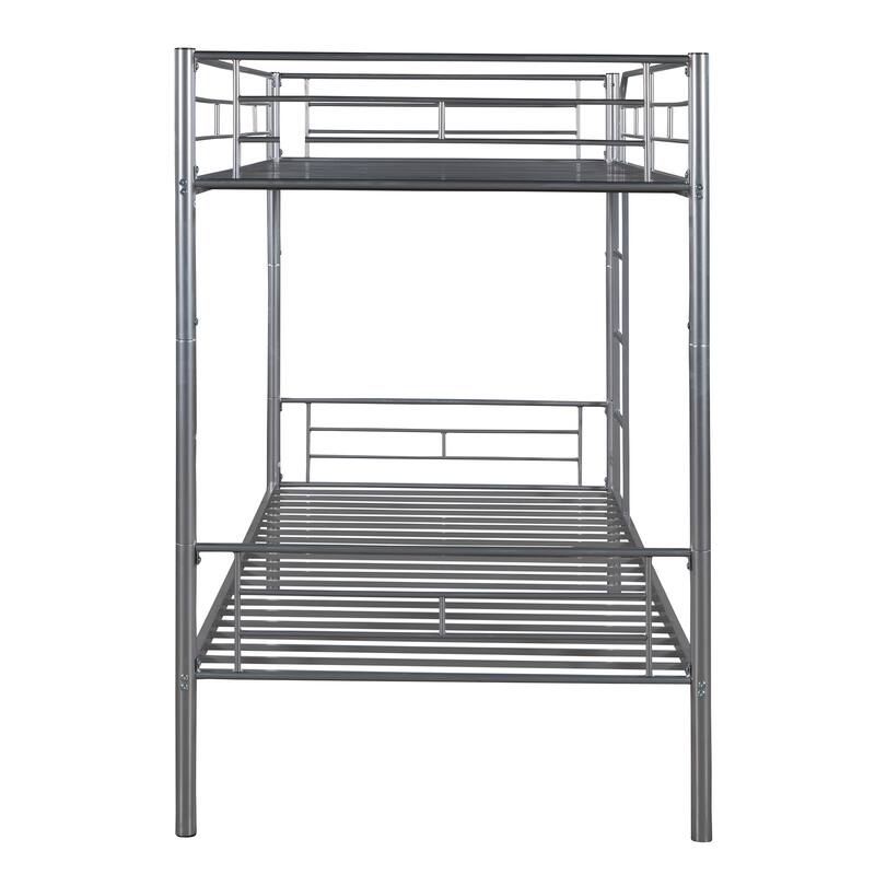 Silver Twin Over Twin Metal Bunk Bed with Safety Guardrails & Space-Saving Design