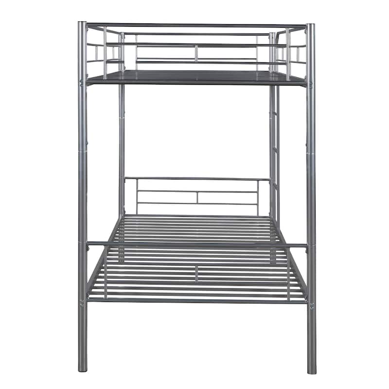 Silver Twin over Twin Metal Bunk Bed with Fence and Ladder for Kids