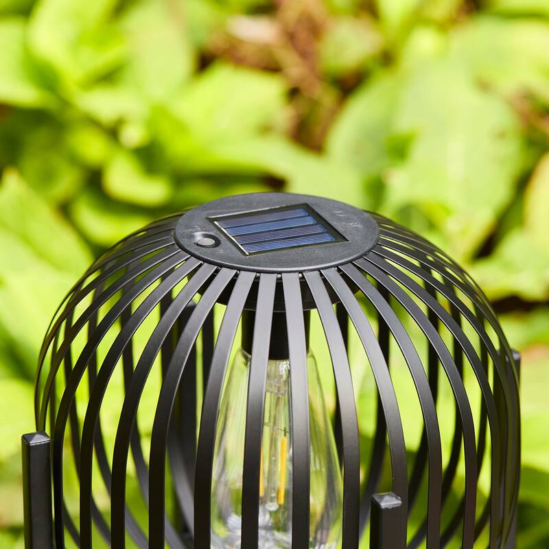 Glitzhome Outdoor Black Metal Striped Freestanding Solar Lantern Deck Lamp