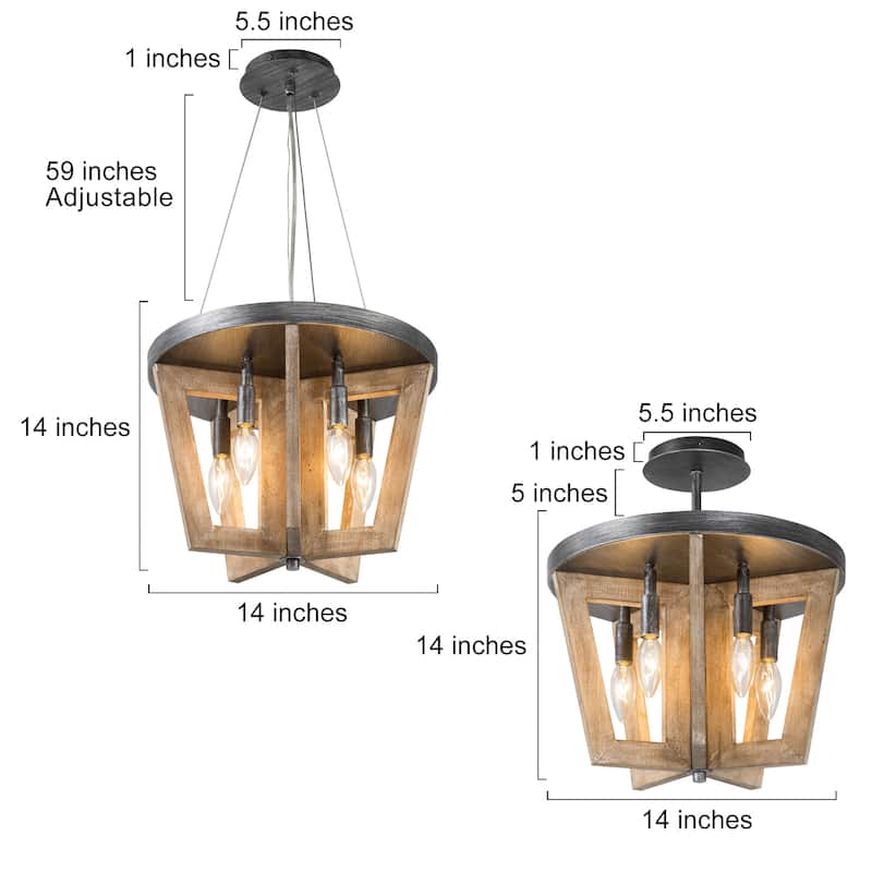 Farmhouse 5-light Wooden Chandelier Cage Semi-flush Mount Lights for Dining Room - D 14'' x H 74''