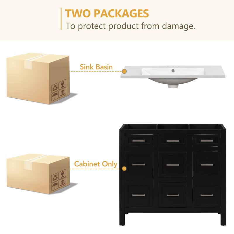 36-inch Free-standing Bathroom Vanity with Resin Undermount Sink, 4 Drawers, 2 Doors, Adjustable Storage Shelves