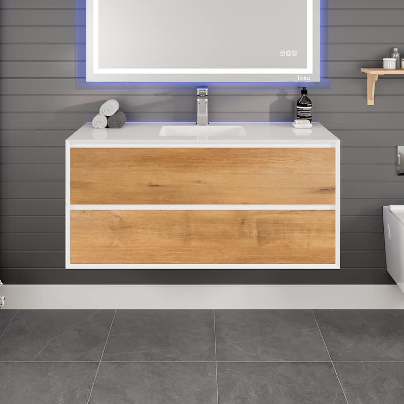 Eviva Vienna 48"W x 21"D Oak Wall Mount Bathroom Vanity with White Acrylic Countertop and Integrated Sink