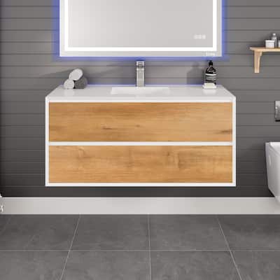 Eviva Vienna 48"W x 21"D Oak Wall Mount Bathroom Vanity with White Acrylic Countertop and Integrated Sink
