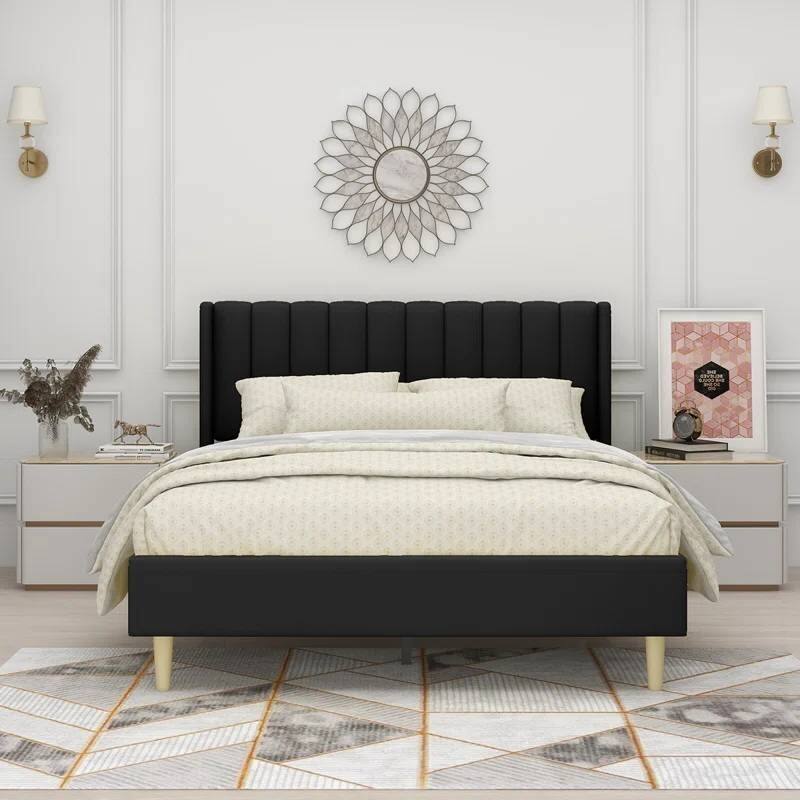 Modern Velvet Upholstered Platform Bed Frame with Padded Headboard and Wooden Slats - Black - Queen