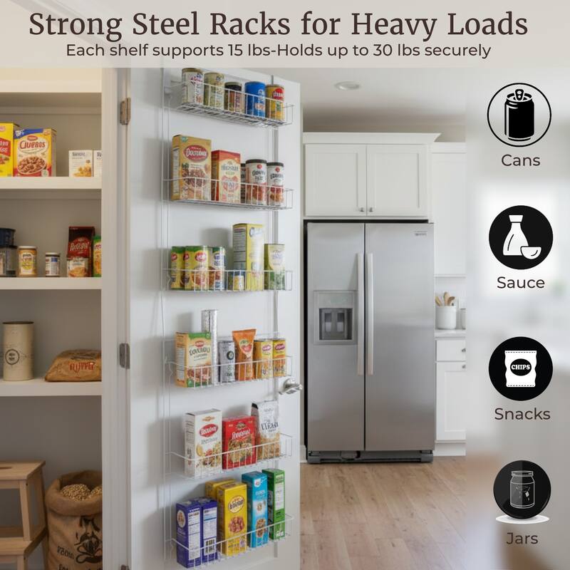 Lavish Home 6-Tier Adjustable Over the Door Pantry Organizer - Powder-Coated Steel Hanging Pantry Shelves and Rack (White)