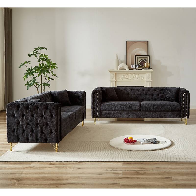 Chenille Chesterfield Sofa with Copper Nailhead Detail and Metal Legs, Button Tufted Couch for Living Room