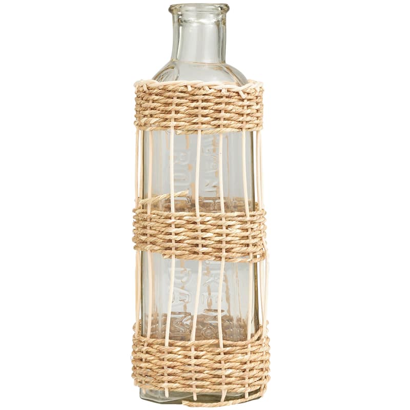 Handcrafted Clear Glass Vase with Light Brown Rattan Woven Body