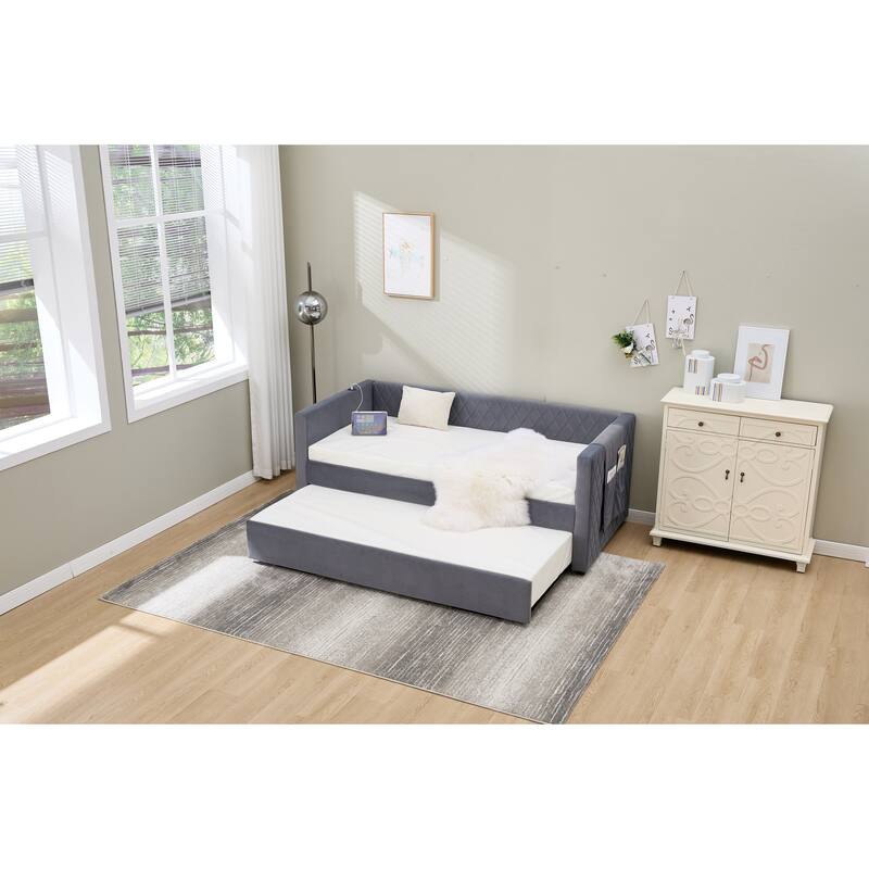 Twin Size Upholstered Daybed with Trundle, Velvet Sofa Bed with USB Port & Side Pockets, Modern V-Grained Backrest Guest Bed