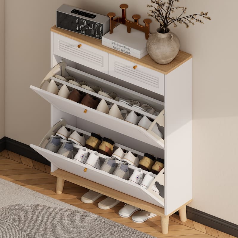 16-Pair Entryway Shoe Cabinet, 2 Flip Doors and Drawers in White - Nature