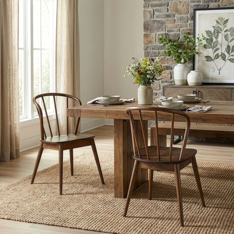 Set of 2 Azure Walnut Rubberwood Dining Chair with Windsor Back