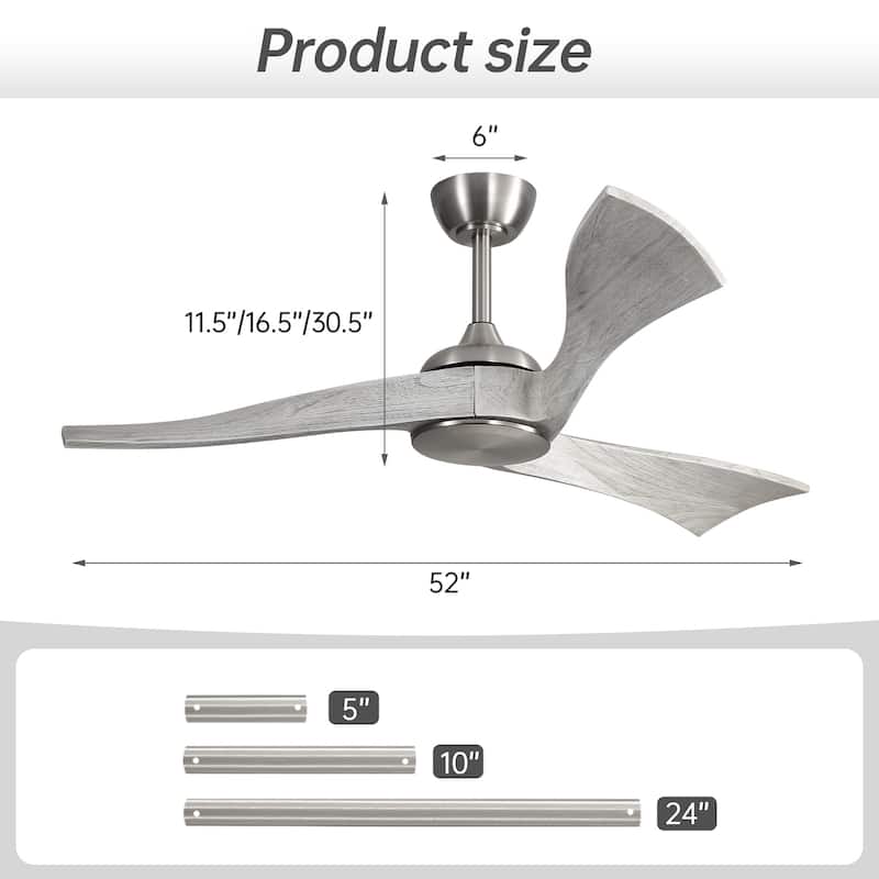 52" Wood Noiseless 3-Blade Ceiling Fans with Dimmable LED Light Optional and Remote, 6-Speed Reversible DC Motor