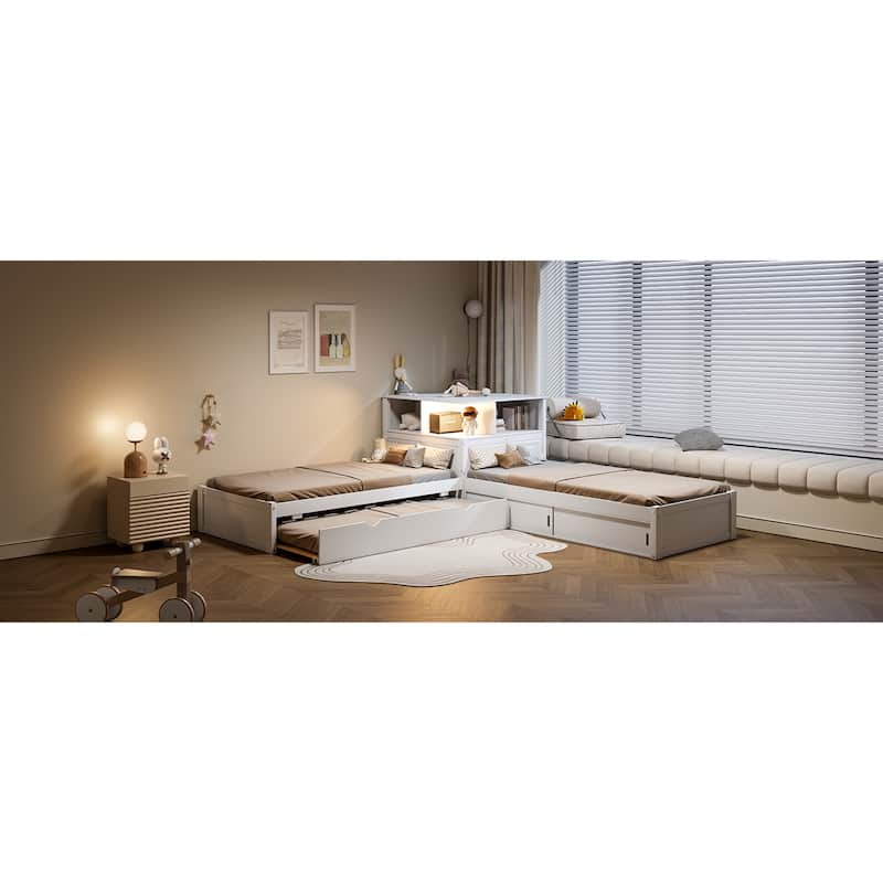 Roomfitters Twin L-Shaped Platform Bed with Trundle, Storage Cabinets and LED Desk
