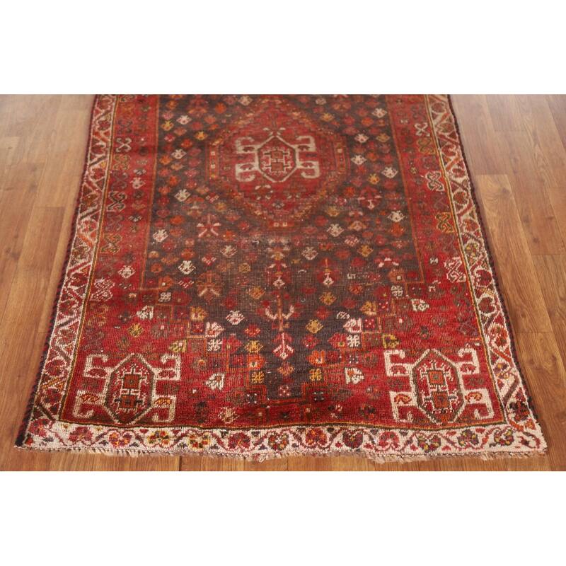 Vegetable Dye Red Shiraz Persian Antique Area Rug Handmade Wool Carpet - 3'3"x 4'11"