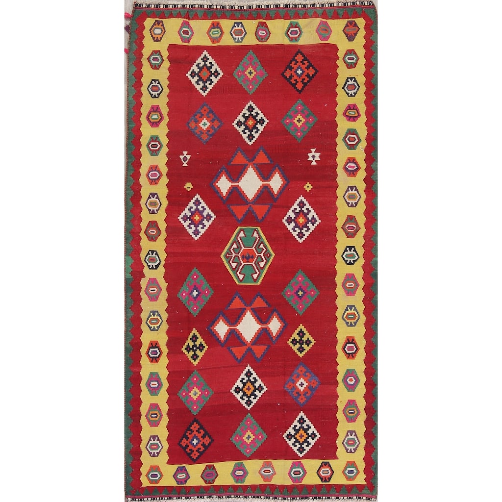 Hand Woven Oriental 100% Wool Carpet Southwestern Geometric Red Kilim Runner Rug - 8' 7'' X 4' 5''