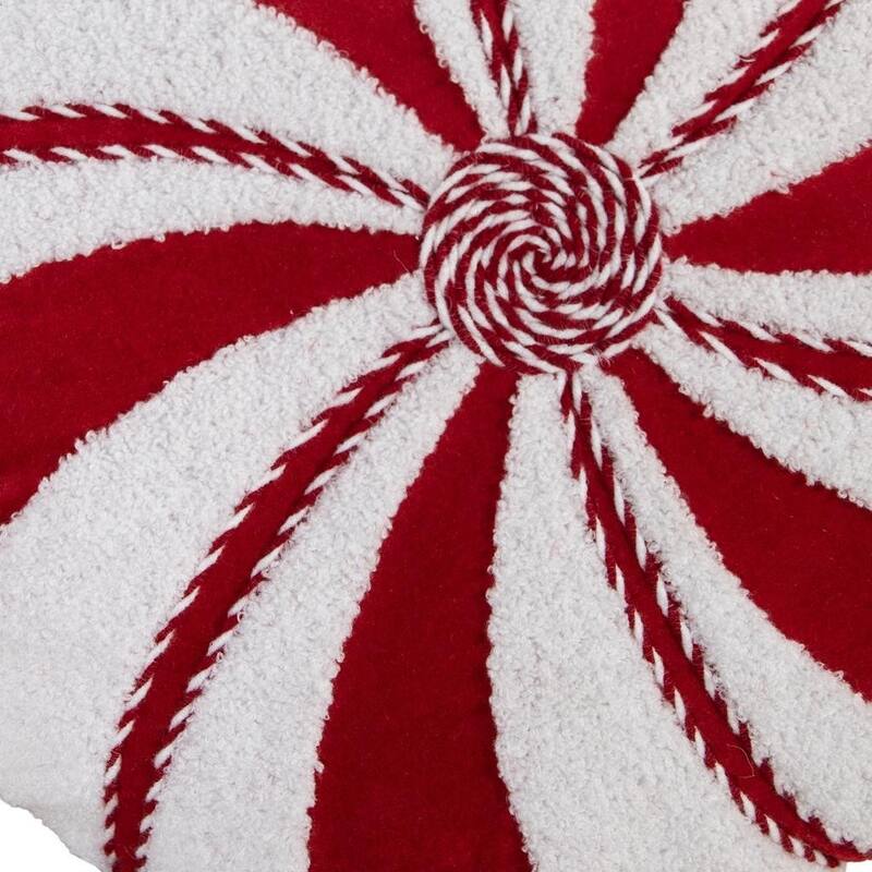 16" Red And White Cotton Velvet Round Christmas Striped Throw Pillow