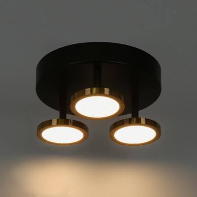 Modern Black Gold 3-Light LED Semi-Flush Mount Ceiling Light - D 9" x H 5.5"
