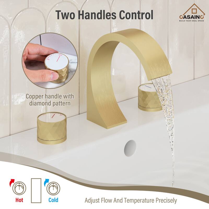 8 in. Widespread Double-Handle C-Arc Waterfall Deck-Mount Bathroom Faucet with Drain Kit