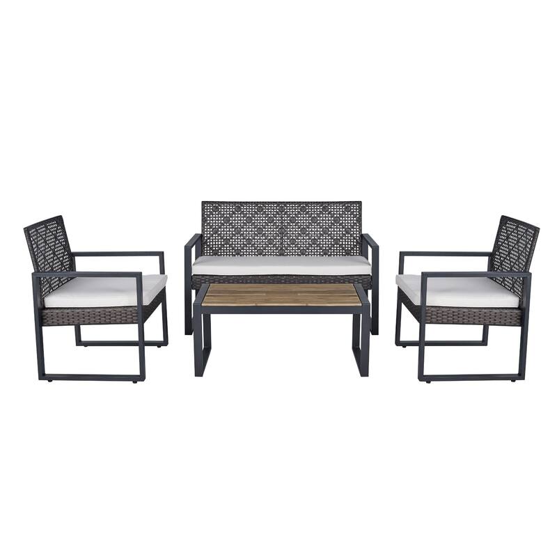 4 Pieces Patio Conversation Furniture Set Outdoor Sectional Steel Sofa with Coffee Table and Cushions