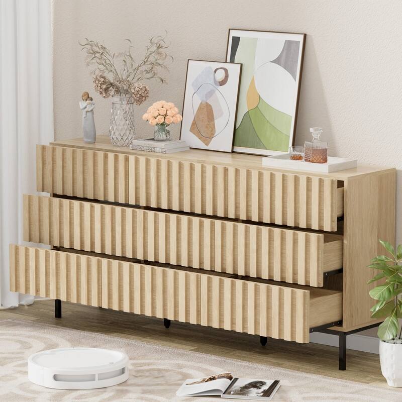59" W 9-Drawer Storage Cabinet Mid-Century Dresser - Light Natural