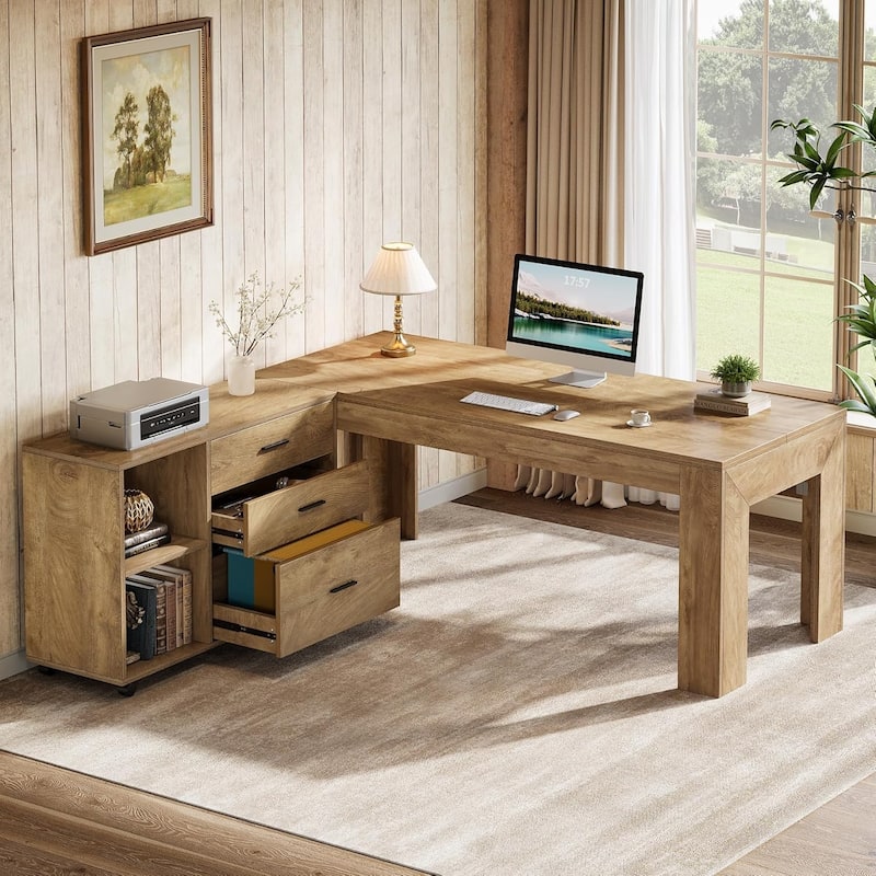 63" L Shaped Executive/Computer Desk/Table Mobile File Cabinet with Drawers/Shelves Home Office Business Furniture