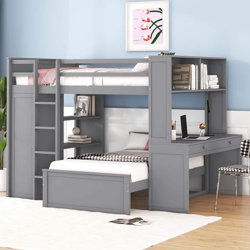 Full size Loft Bed with a twin size Stand-alone bed, Shelves,Desk,and Wardrobe-Gray - Gray
