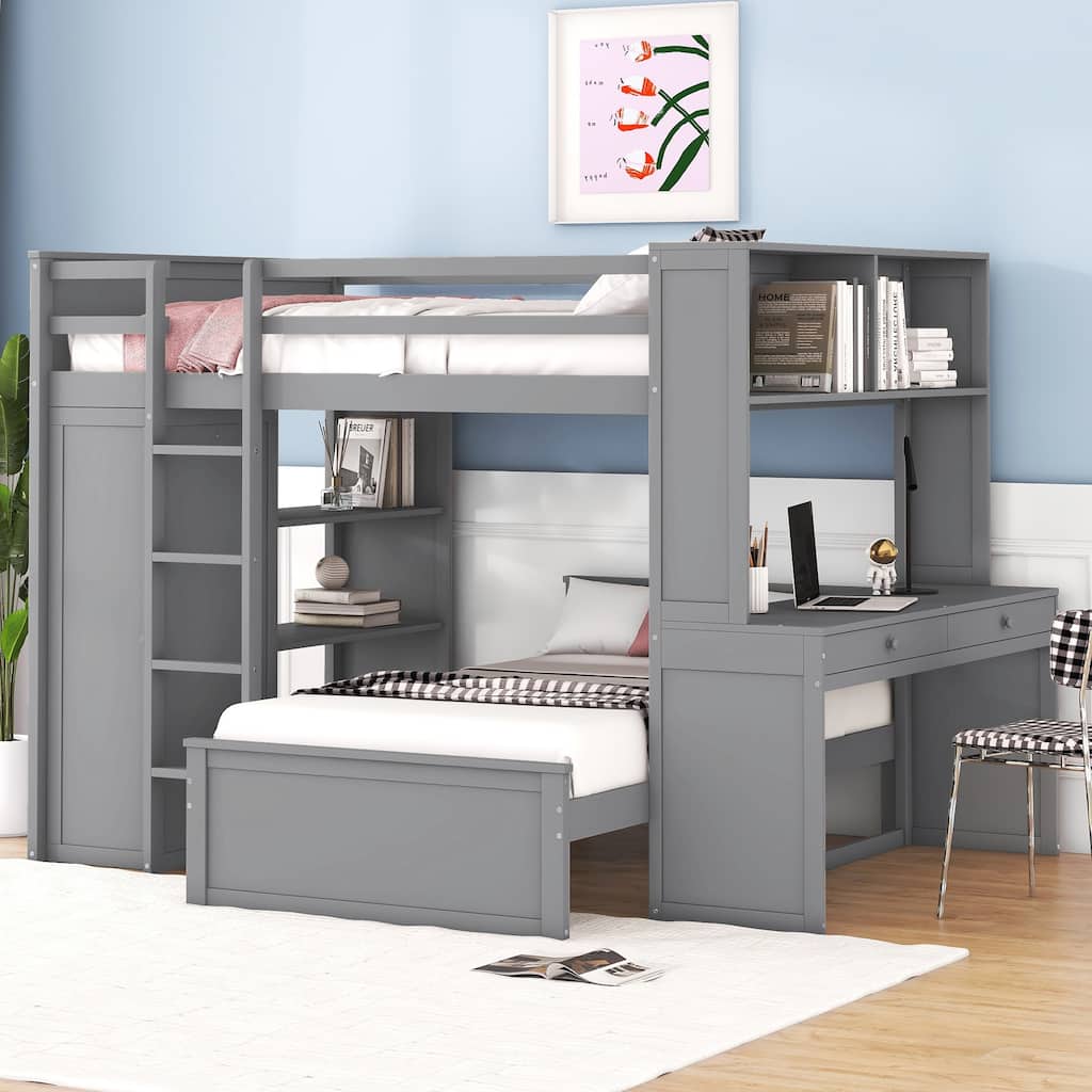 Full size Loft Bed with a twin size Stand-alone bed, Shelves,Desk,and Wardrobe-Gray