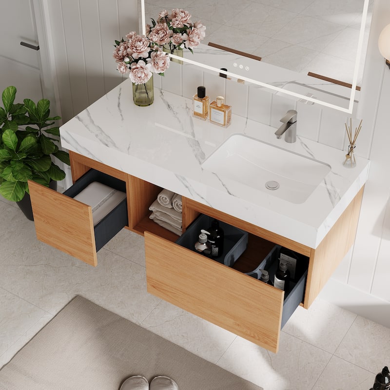 48" Mid Century Single Bathroom faux marble Vanity with Top, Solid Wood, Floating Vanities for Bathroom - 47.6" x 19.6"