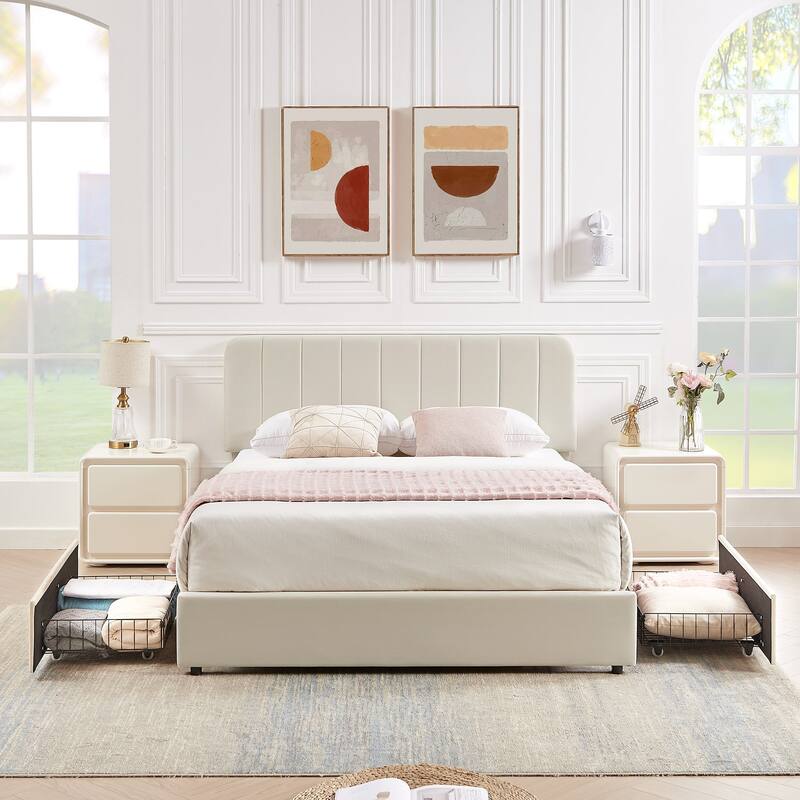 Javlergo Upholstered Platform Bed Frame with Storage Drawers and Adjustable Headboard, No Box Spring Needed - Beige - Full