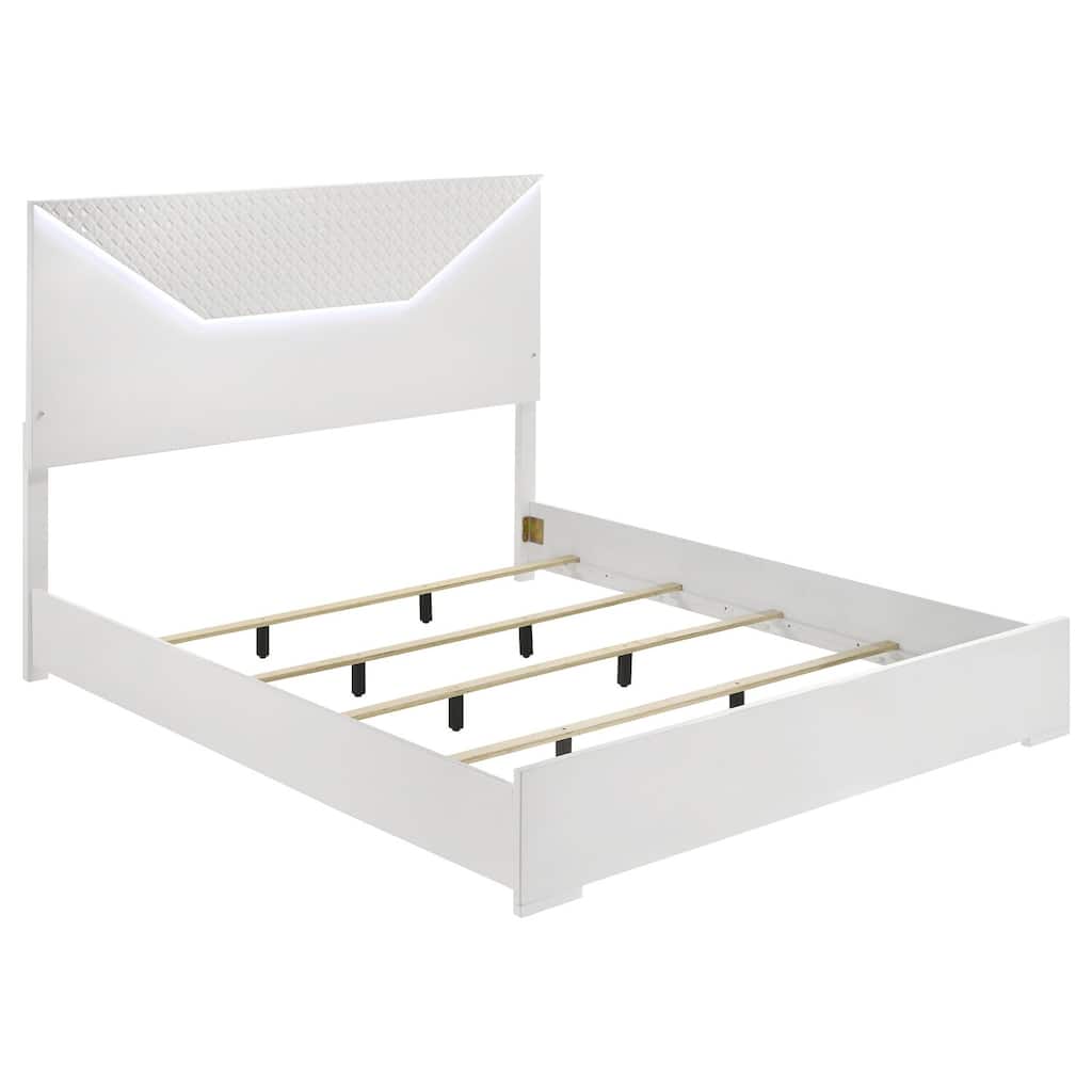 Eastern King Panel Bed with LED Headboard, White High Gloss, Diamond Tile Embossed Design